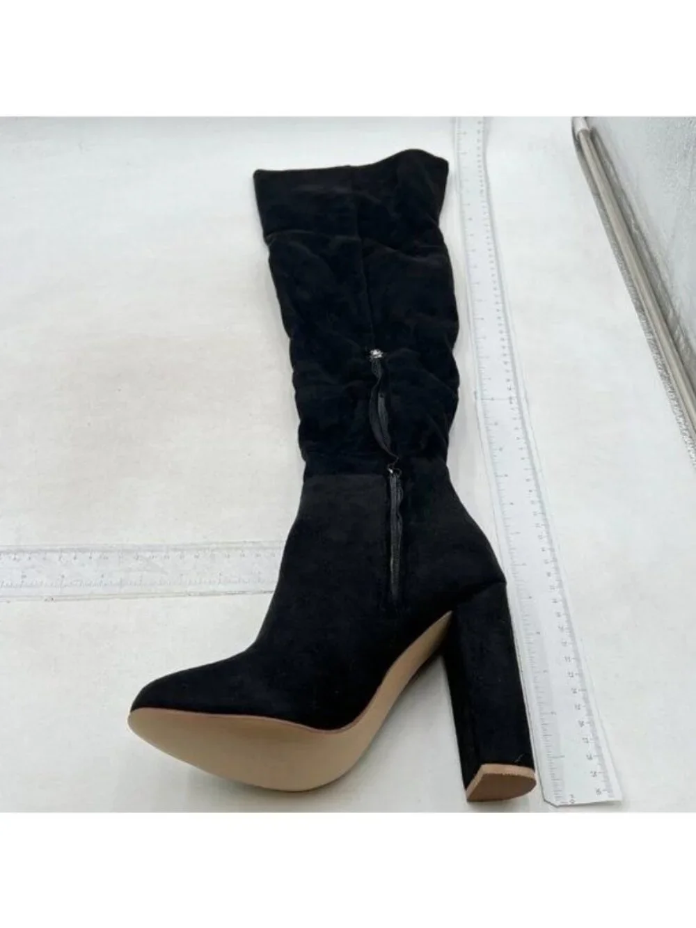 Women's Black Chunky Thigh High Over The Knee High Heel Boots Suede Boots Black